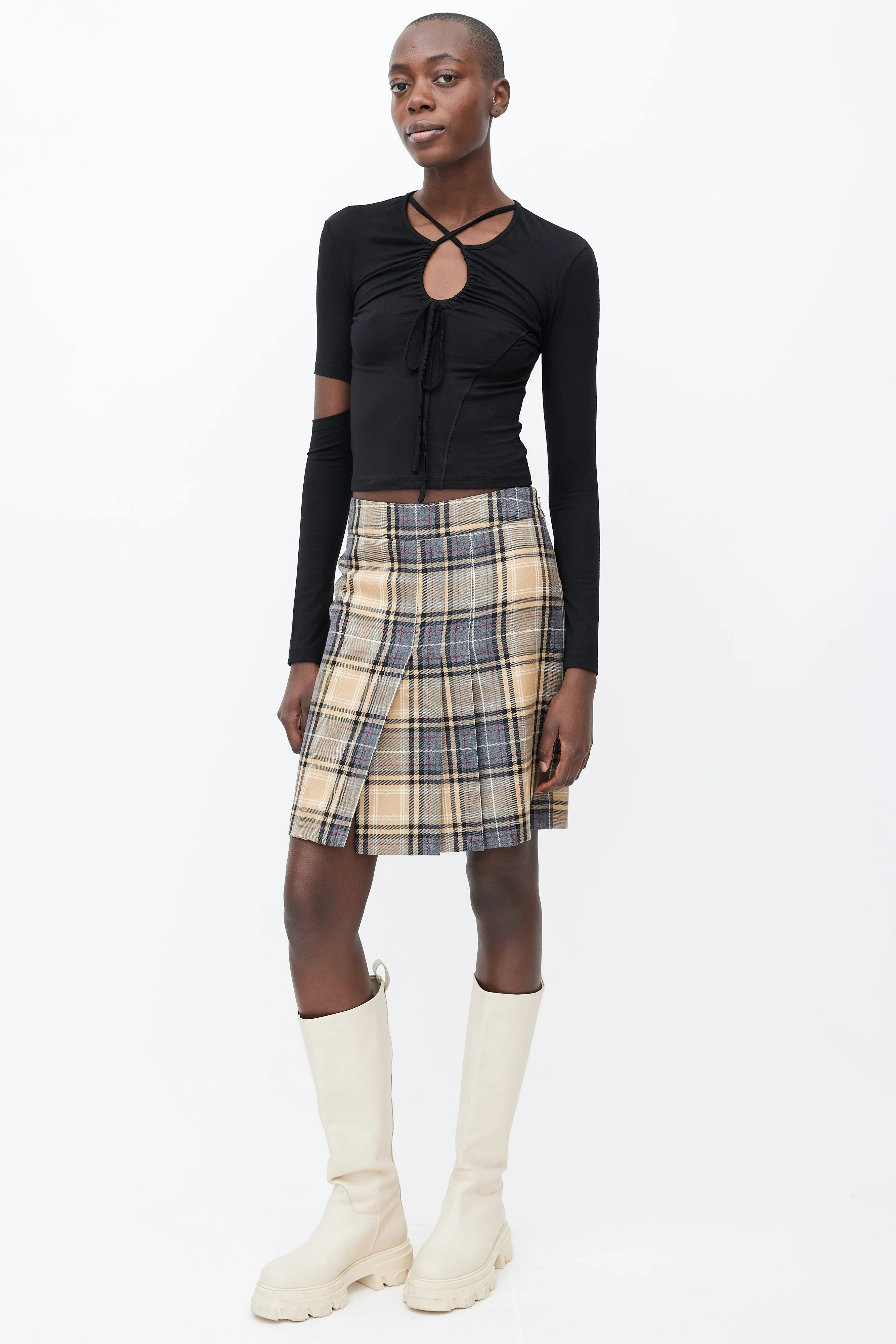 Beige, Grey & Red Wool Plaid Pleated Skirt