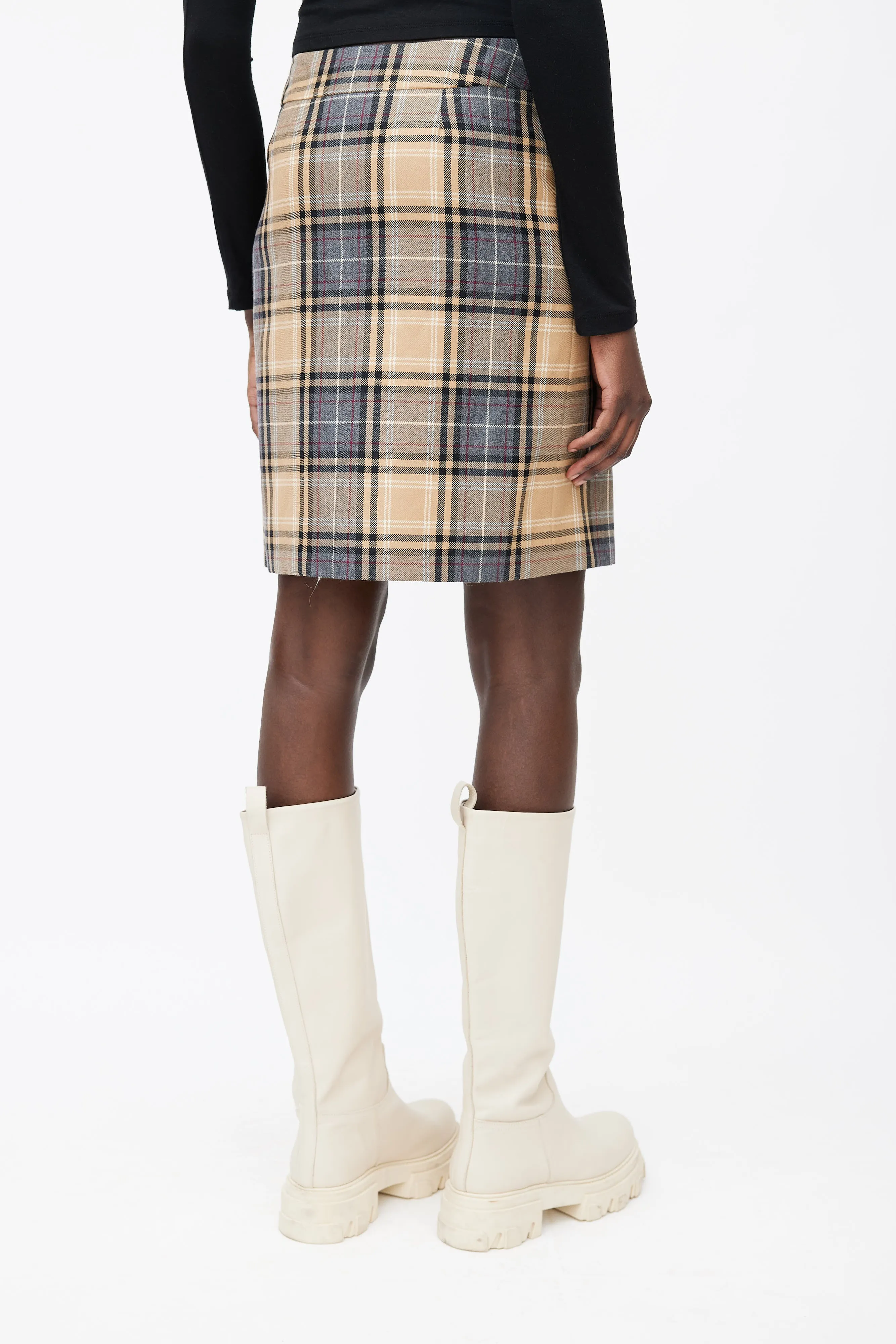 Beige, Grey & Red Wool Plaid Pleated Skirt