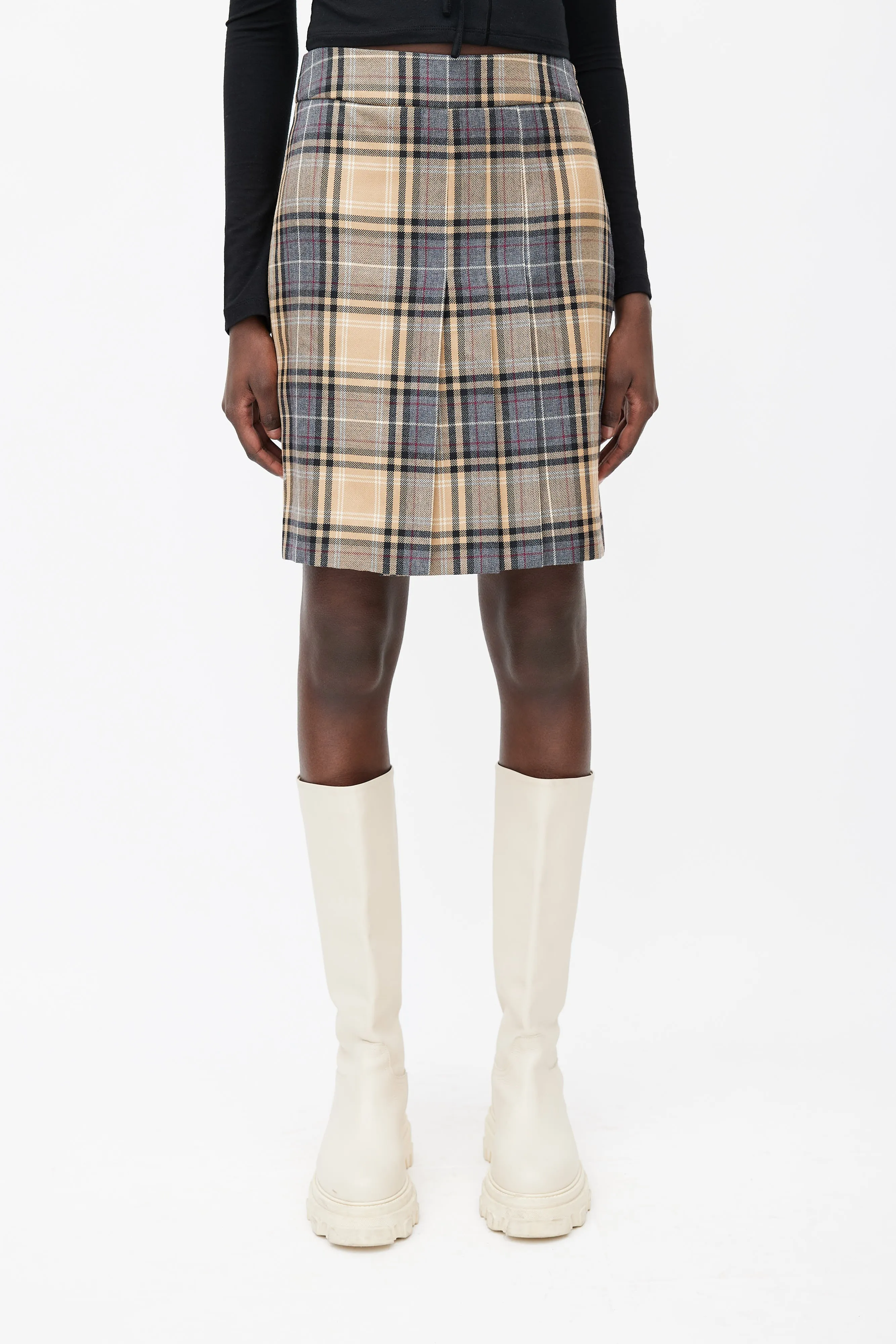 Beige, Grey & Red Wool Plaid Pleated Skirt