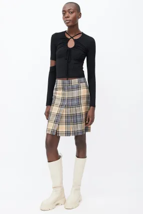 Beige, Grey & Red Wool Plaid Pleated Skirt