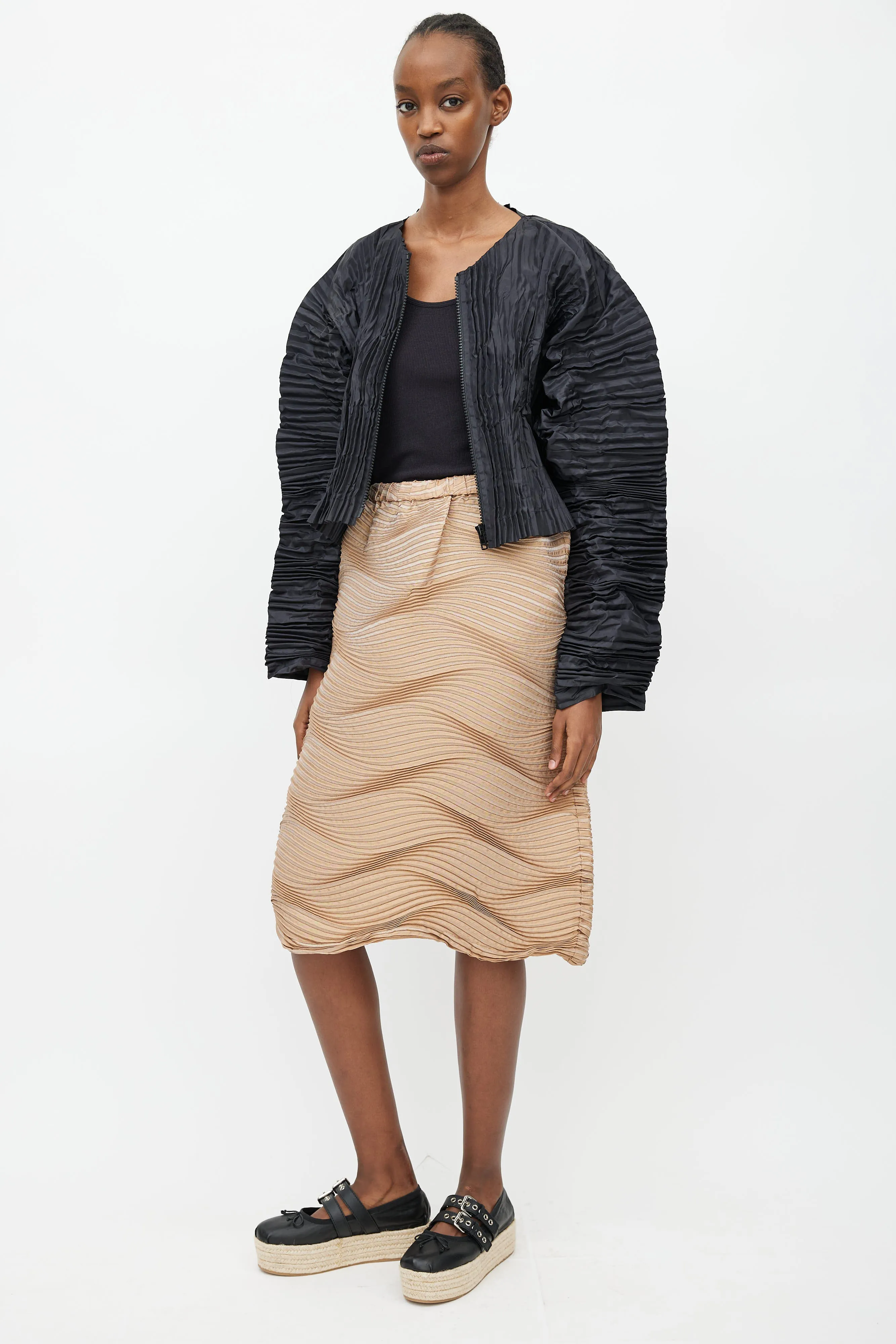 Beige Silk Blend Wave Pleated Skirt