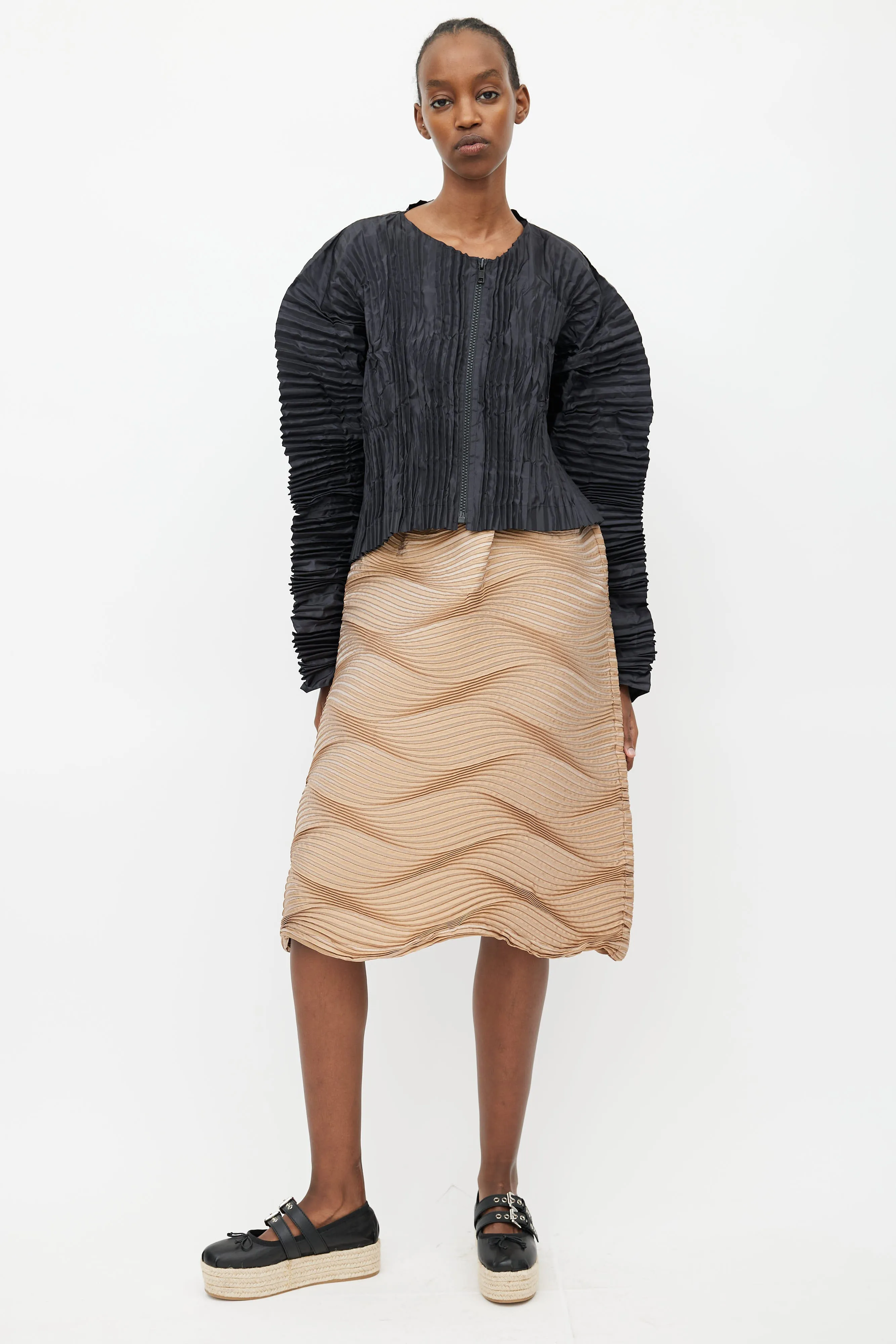 Beige Silk Blend Wave Pleated Skirt