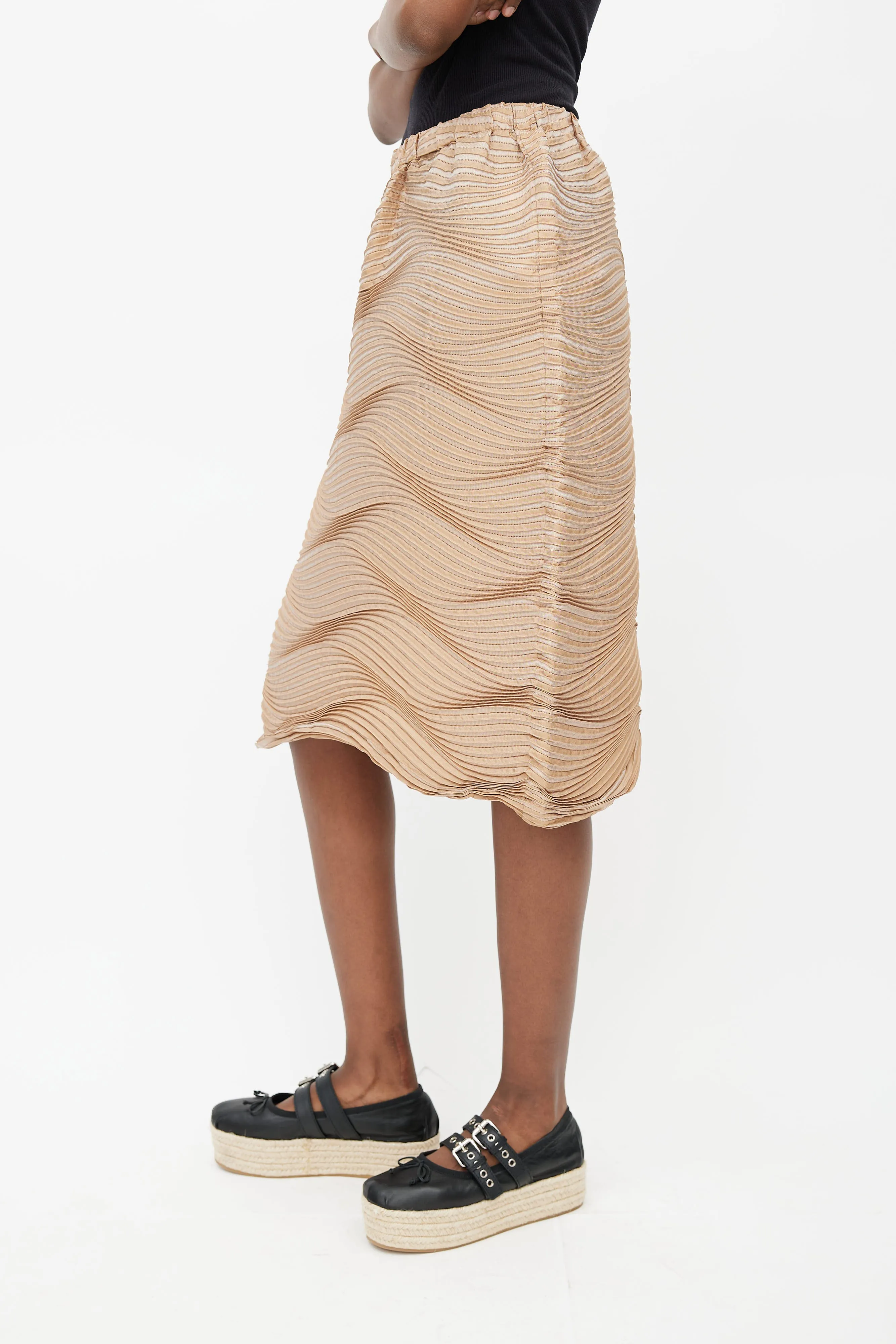 Beige Silk Blend Wave Pleated Skirt