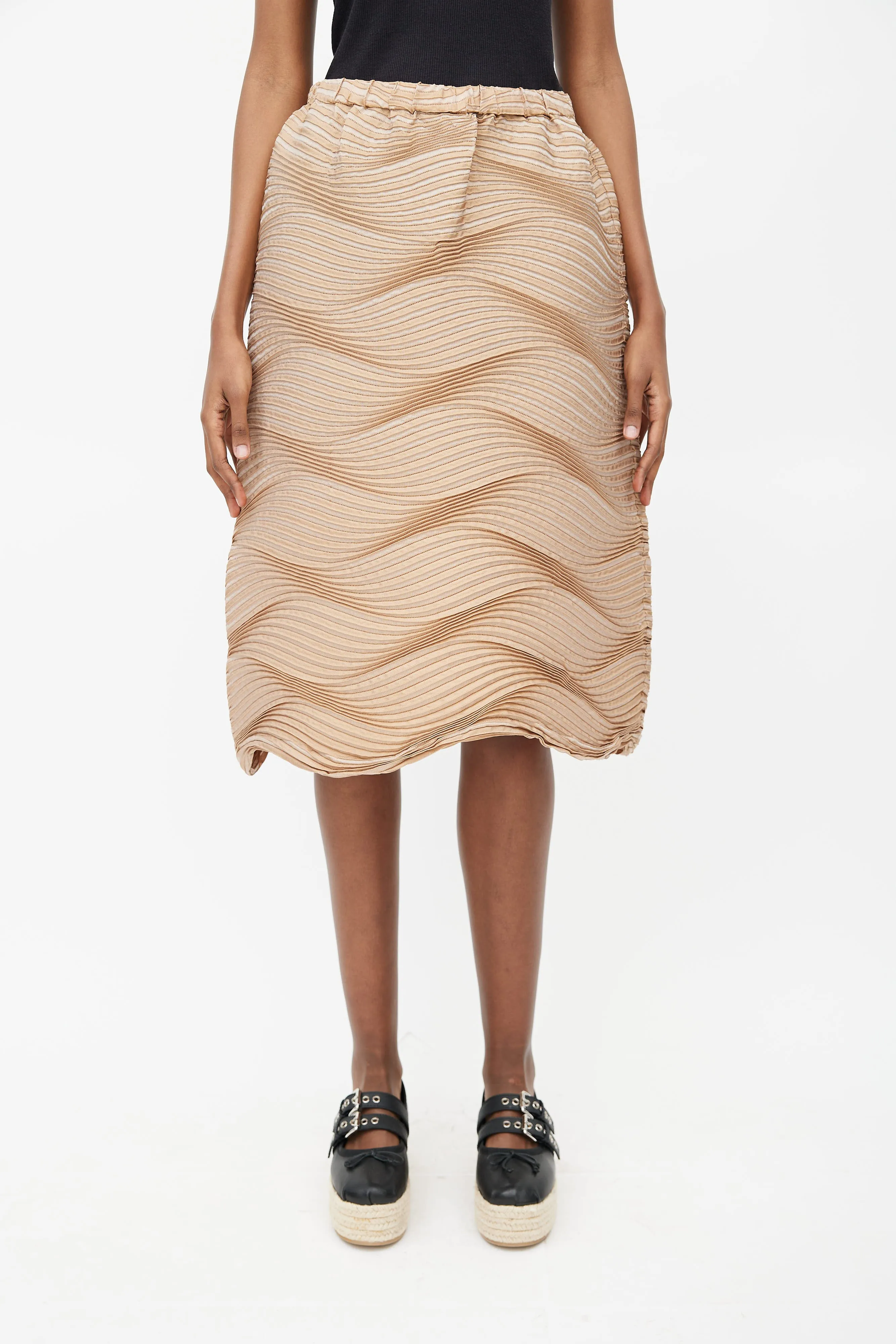 Beige Silk Blend Wave Pleated Skirt