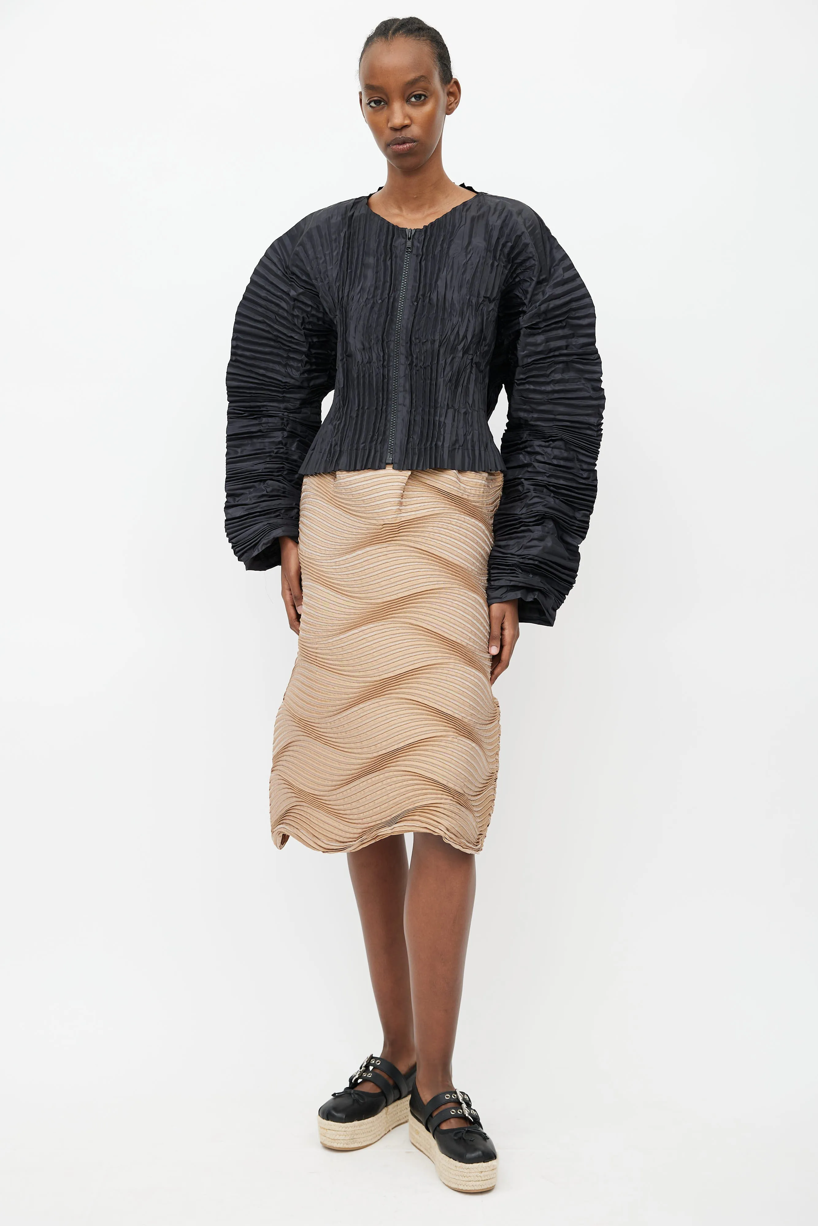 Beige Silk Blend Wave Pleated Skirt