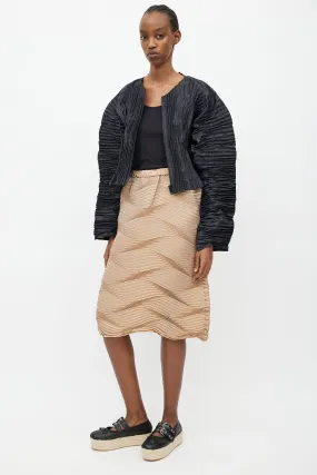 Beige Silk Blend Wave Pleated Skirt