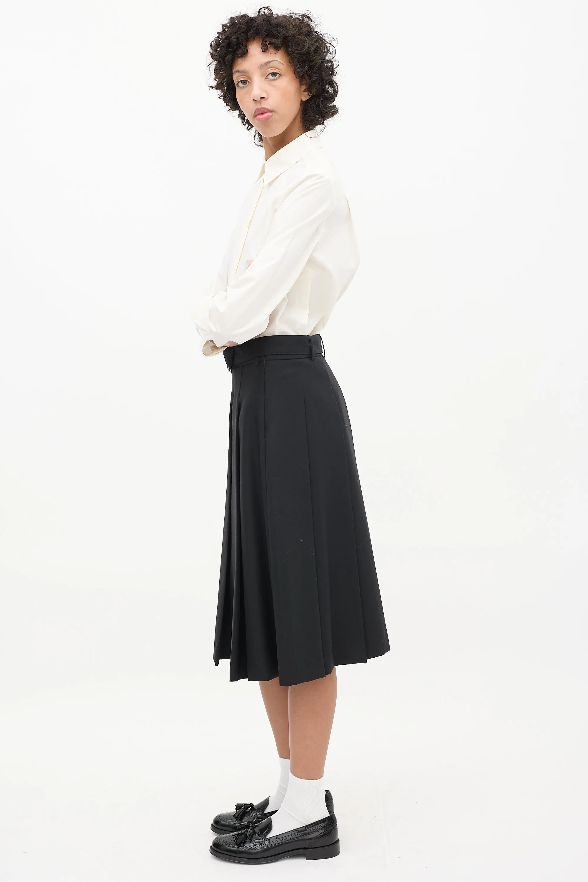 Black Wool Pleated Belted Skirt