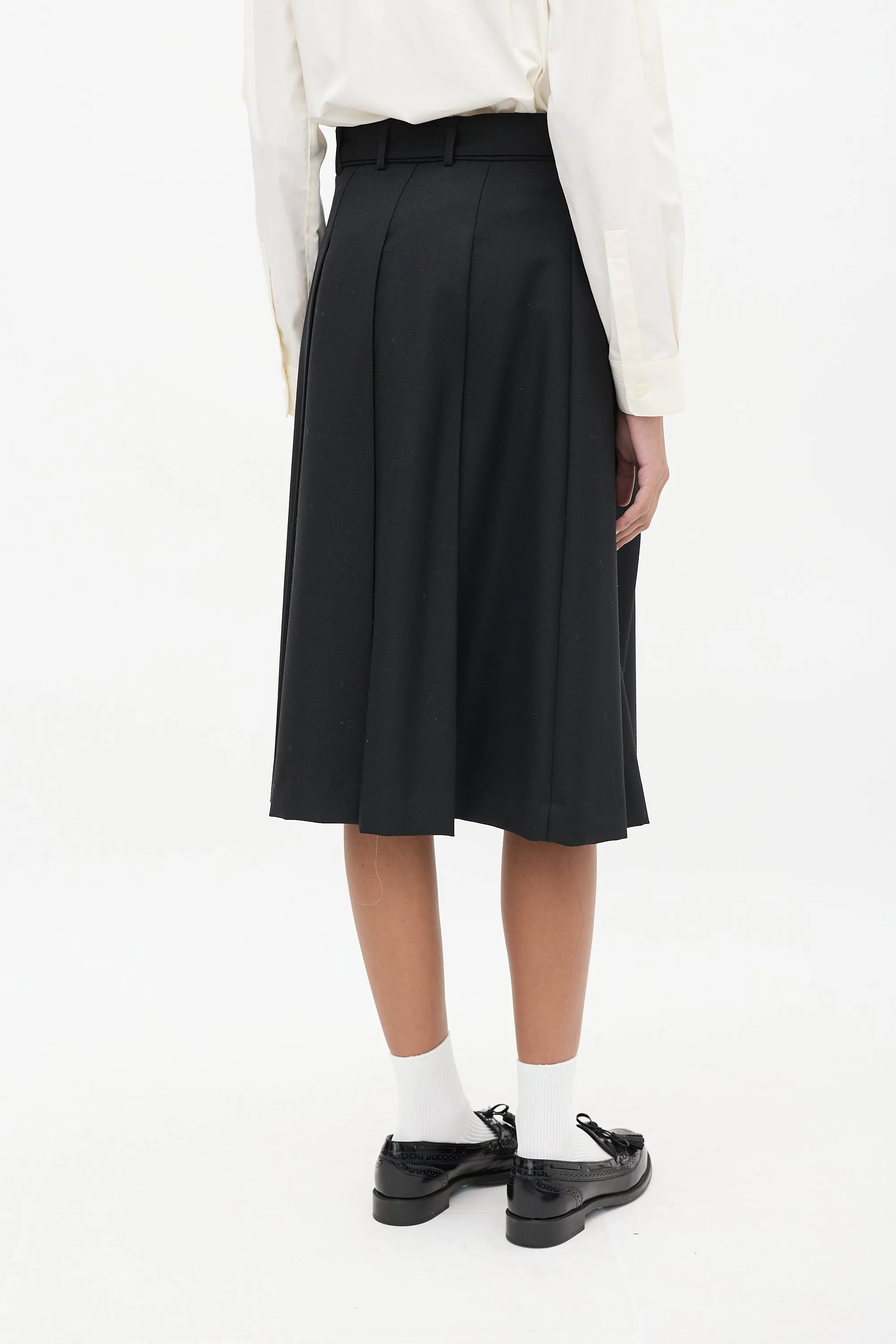 Black Wool Pleated Belted Skirt