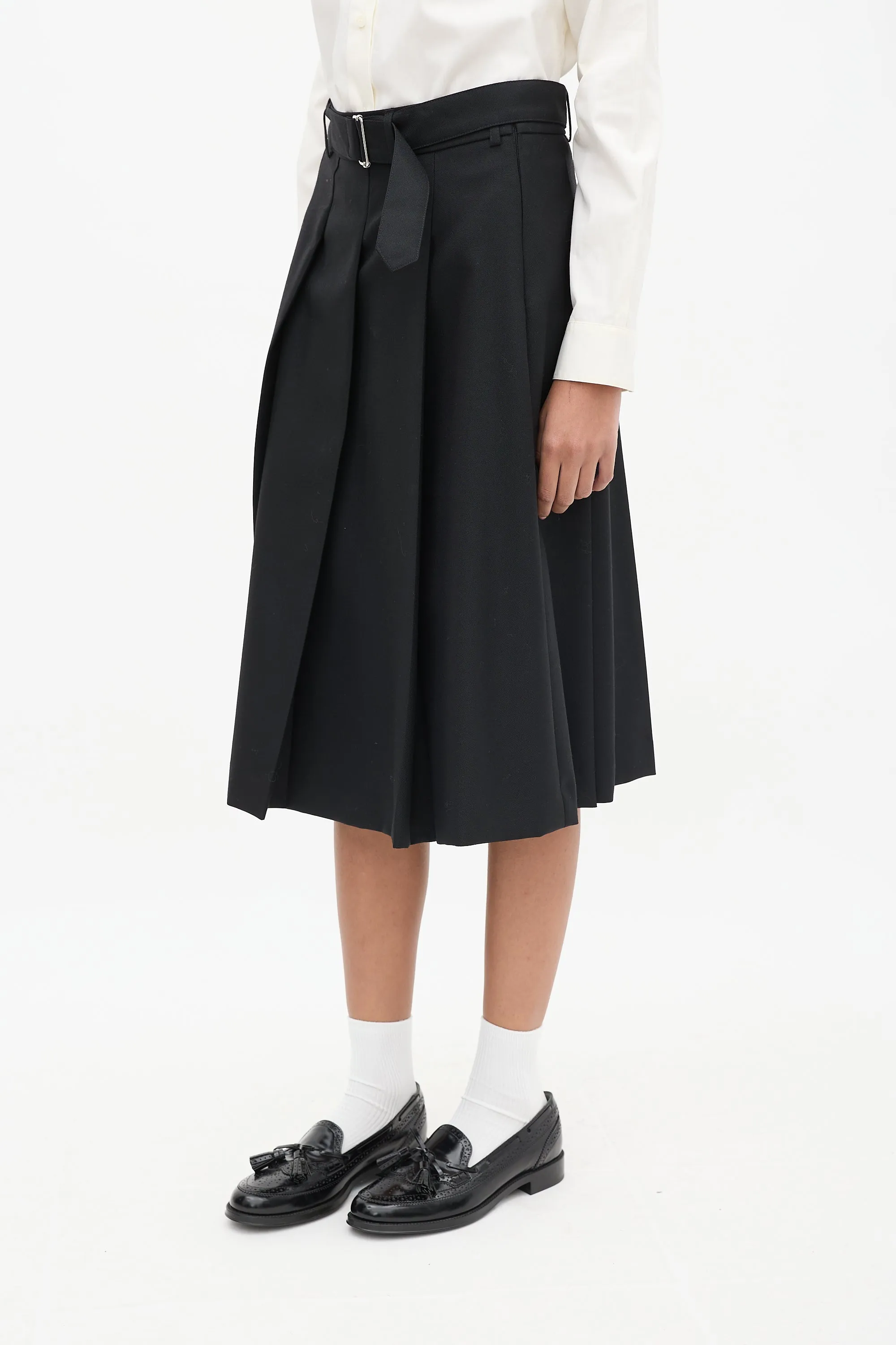 Black Wool Pleated Belted Skirt