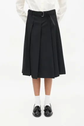 Black Wool Pleated Belted Skirt
