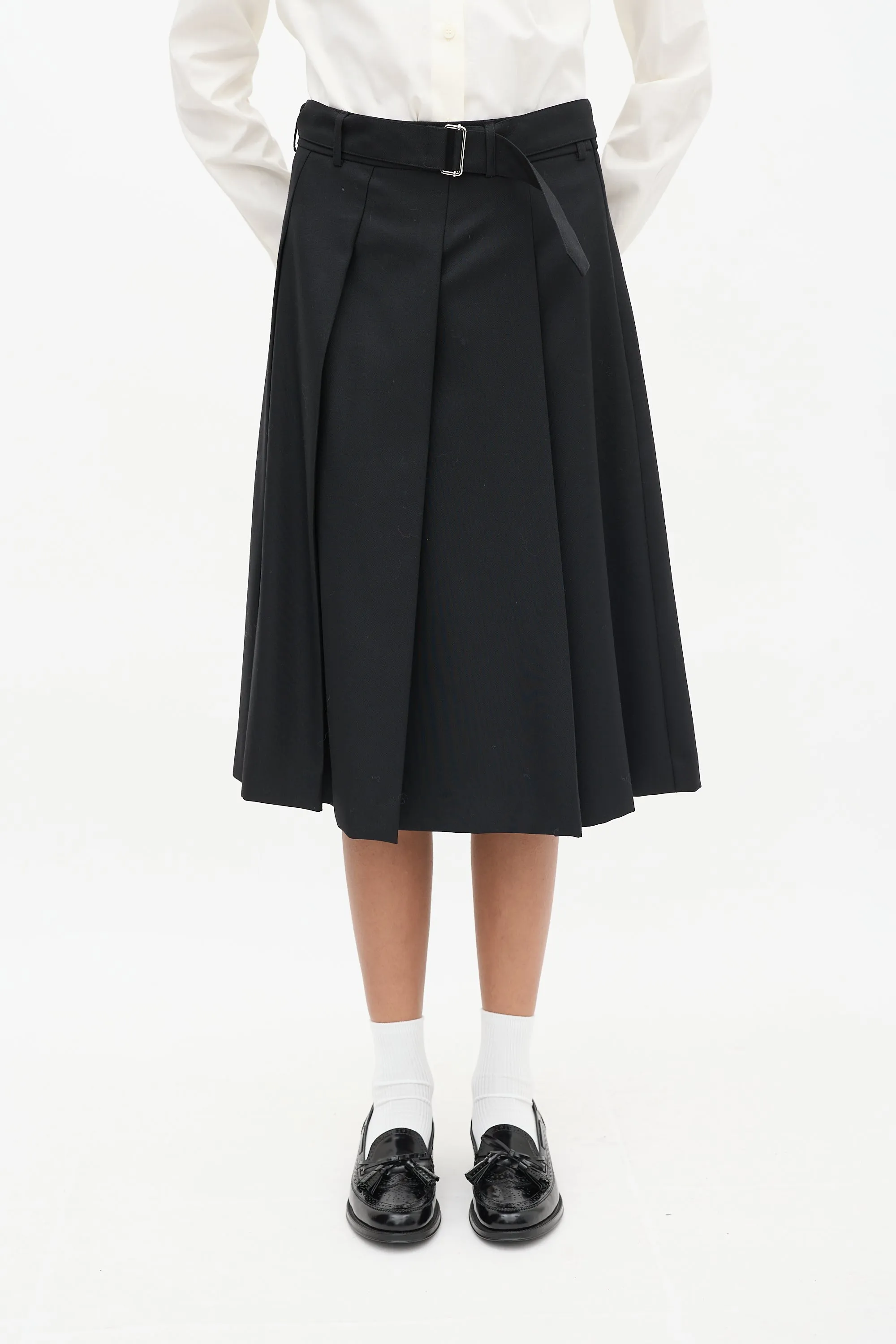 Black Wool Pleated Belted Skirt