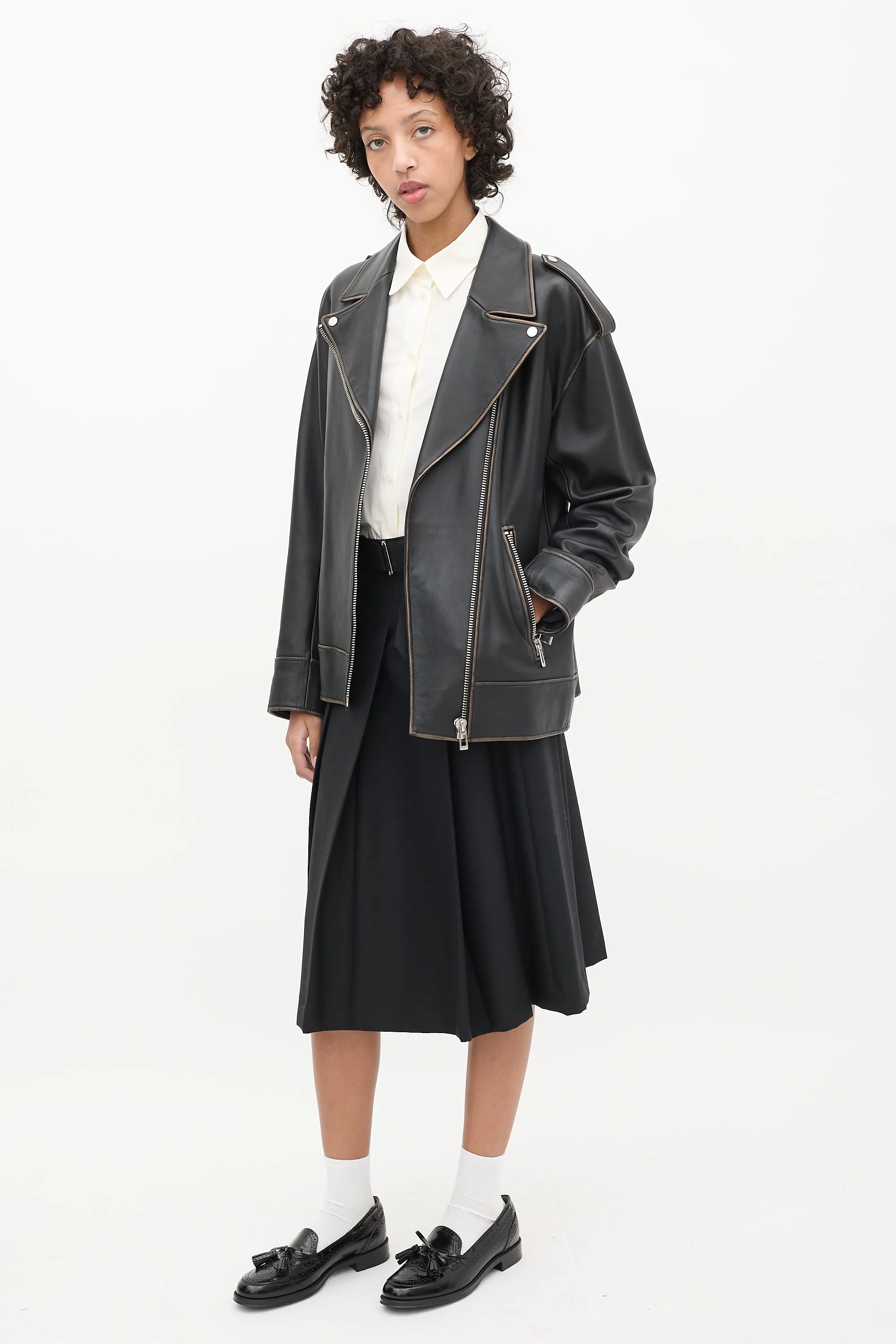 Black Wool Pleated Belted Skirt
