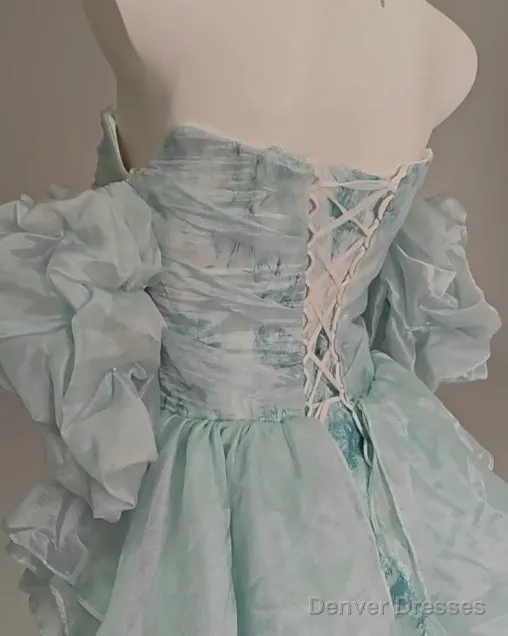 Blue Floral A-Line Strapless Organza Long Prom Dress Graduation Prom Dress