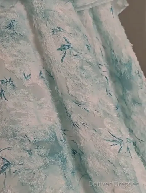 Blue Floral A-Line Strapless Organza Long Prom Dress Graduation Prom Dress