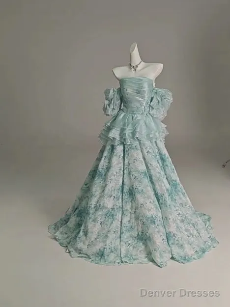 Blue Floral A-Line Strapless Organza Long Prom Dress Graduation Prom Dress