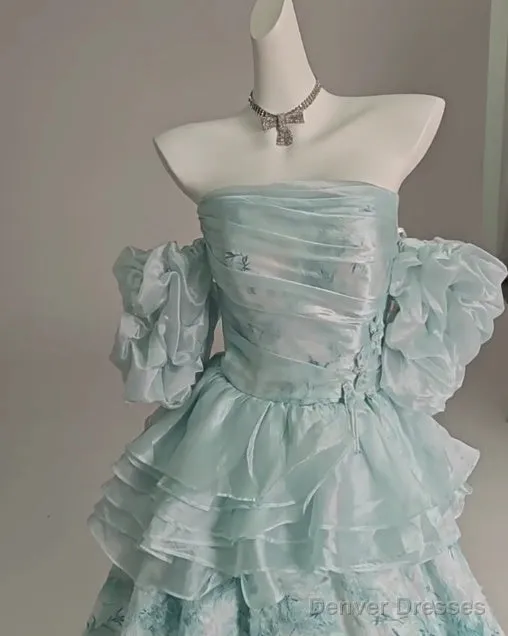 Blue Floral A-Line Strapless Organza Long Prom Dress Graduation Prom Dress