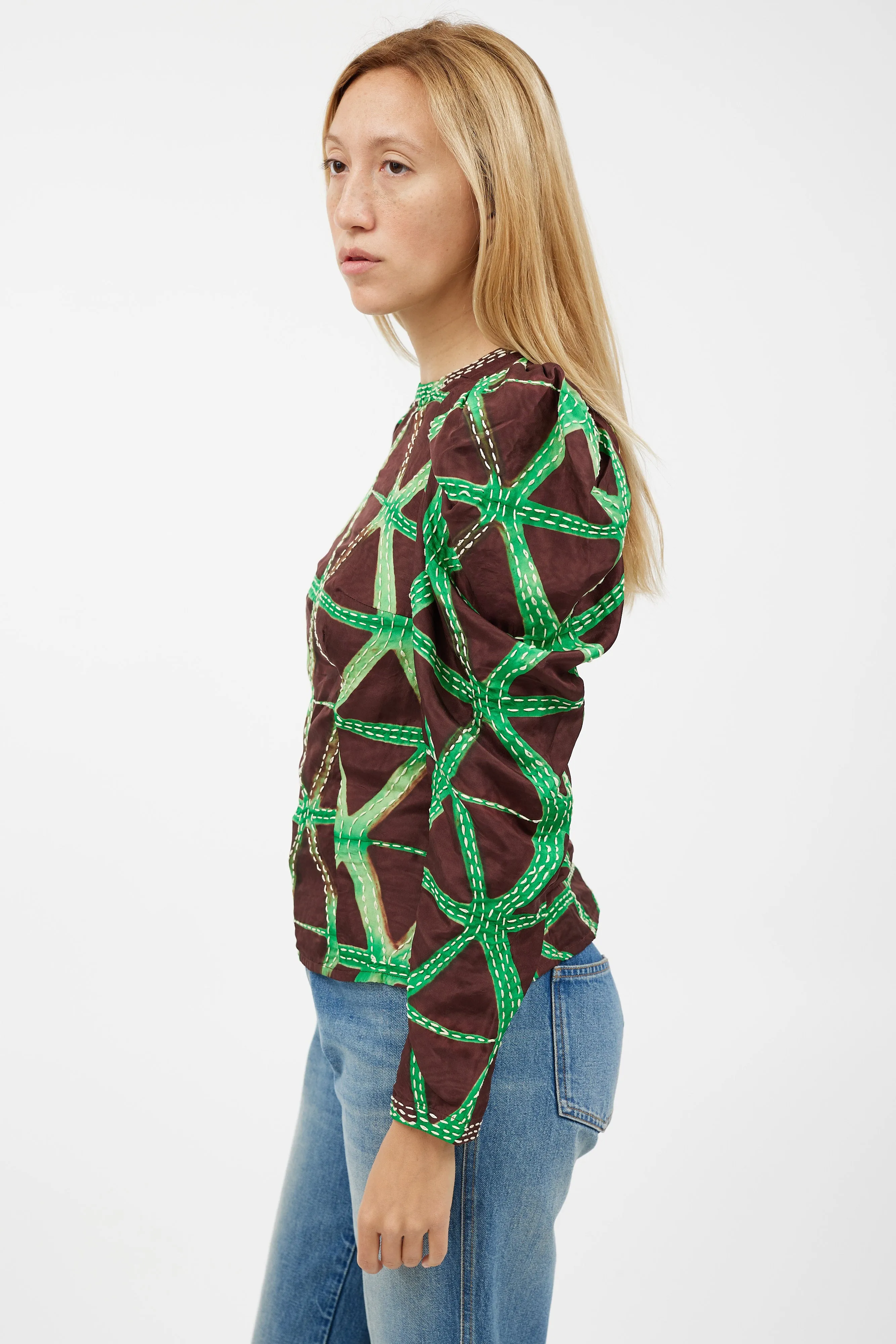 Brown & Green Stitch Top