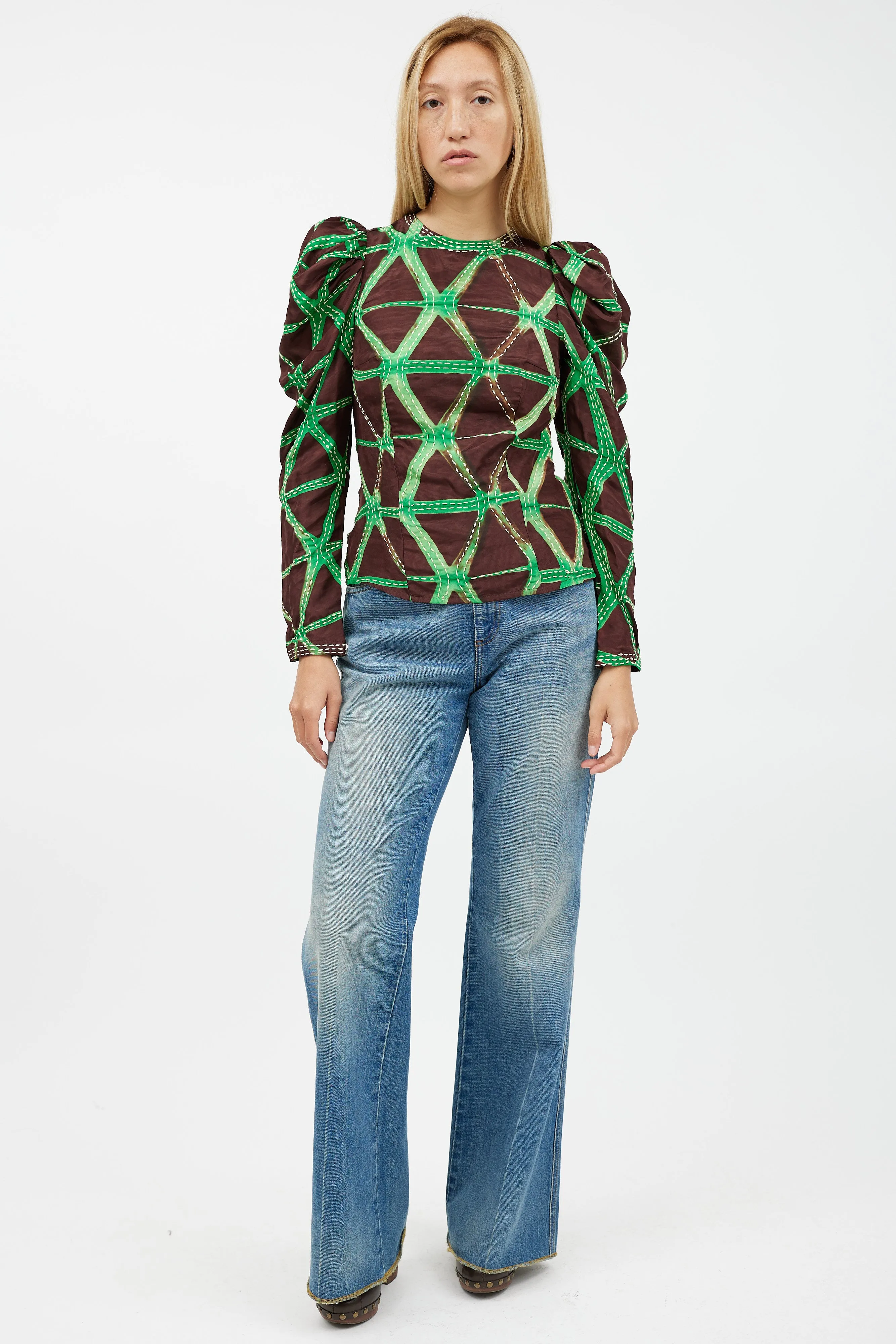 Brown & Green Stitch Top