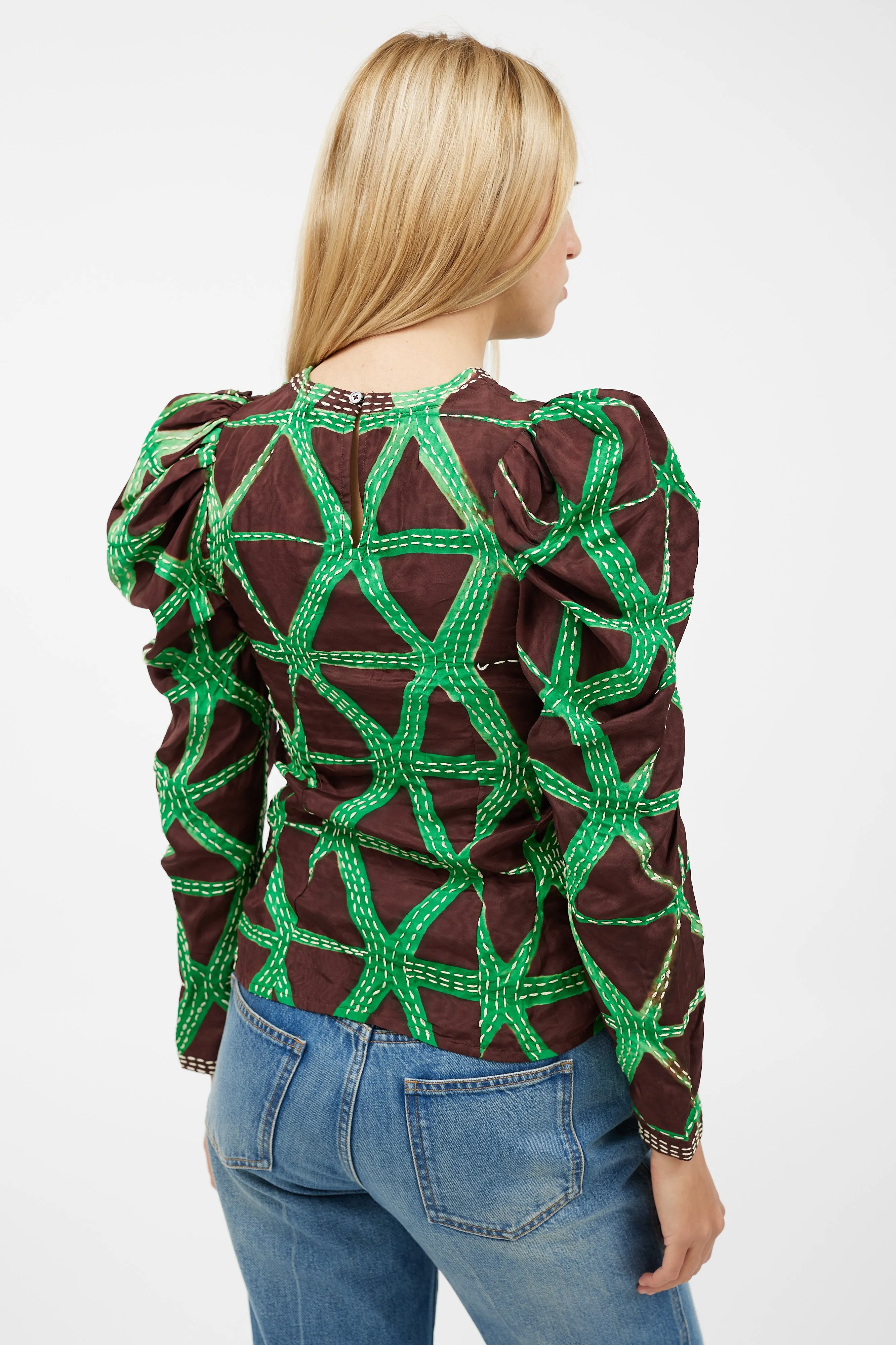 Brown & Green Stitch Top