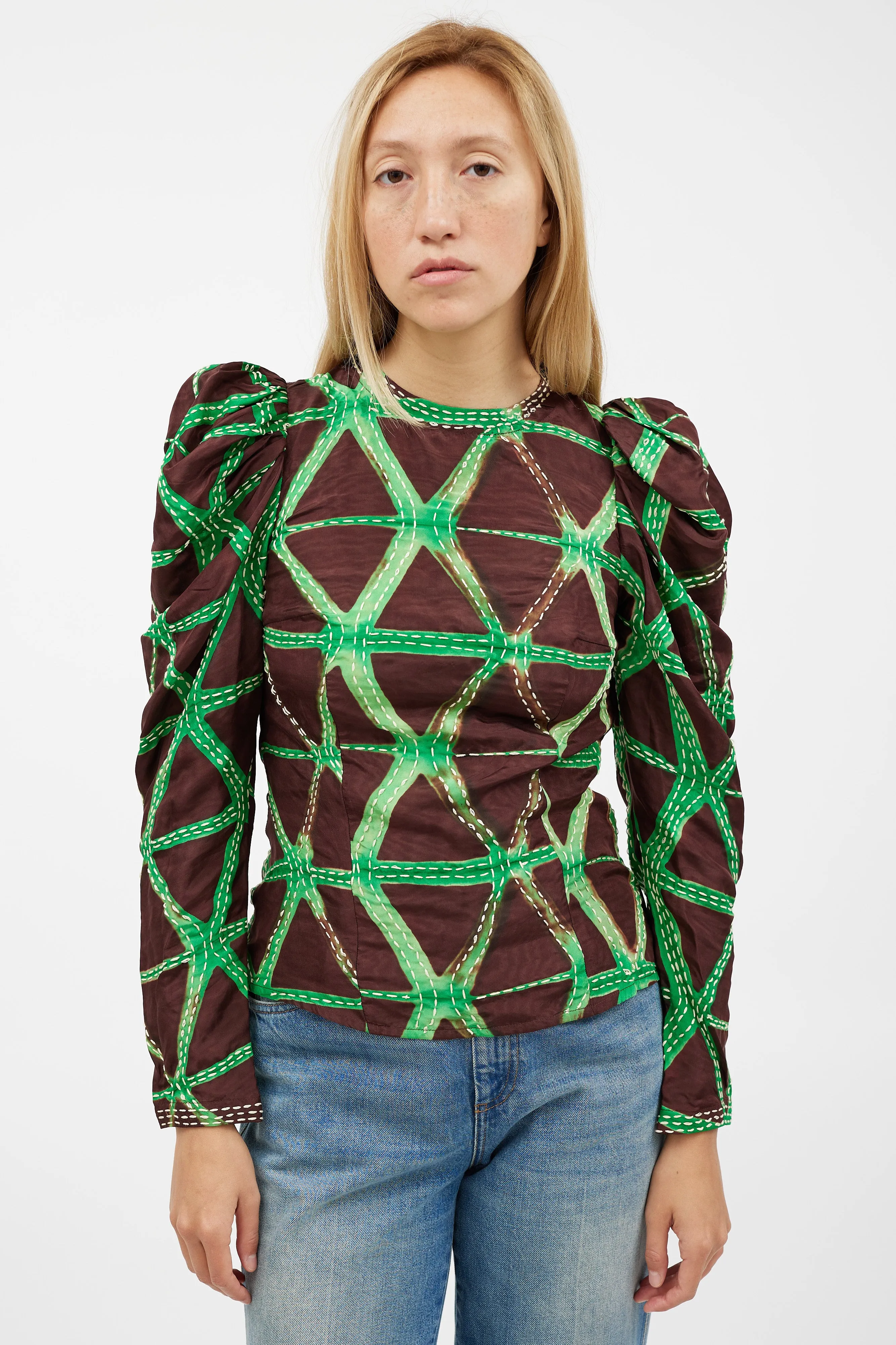 Brown & Green Stitch Top