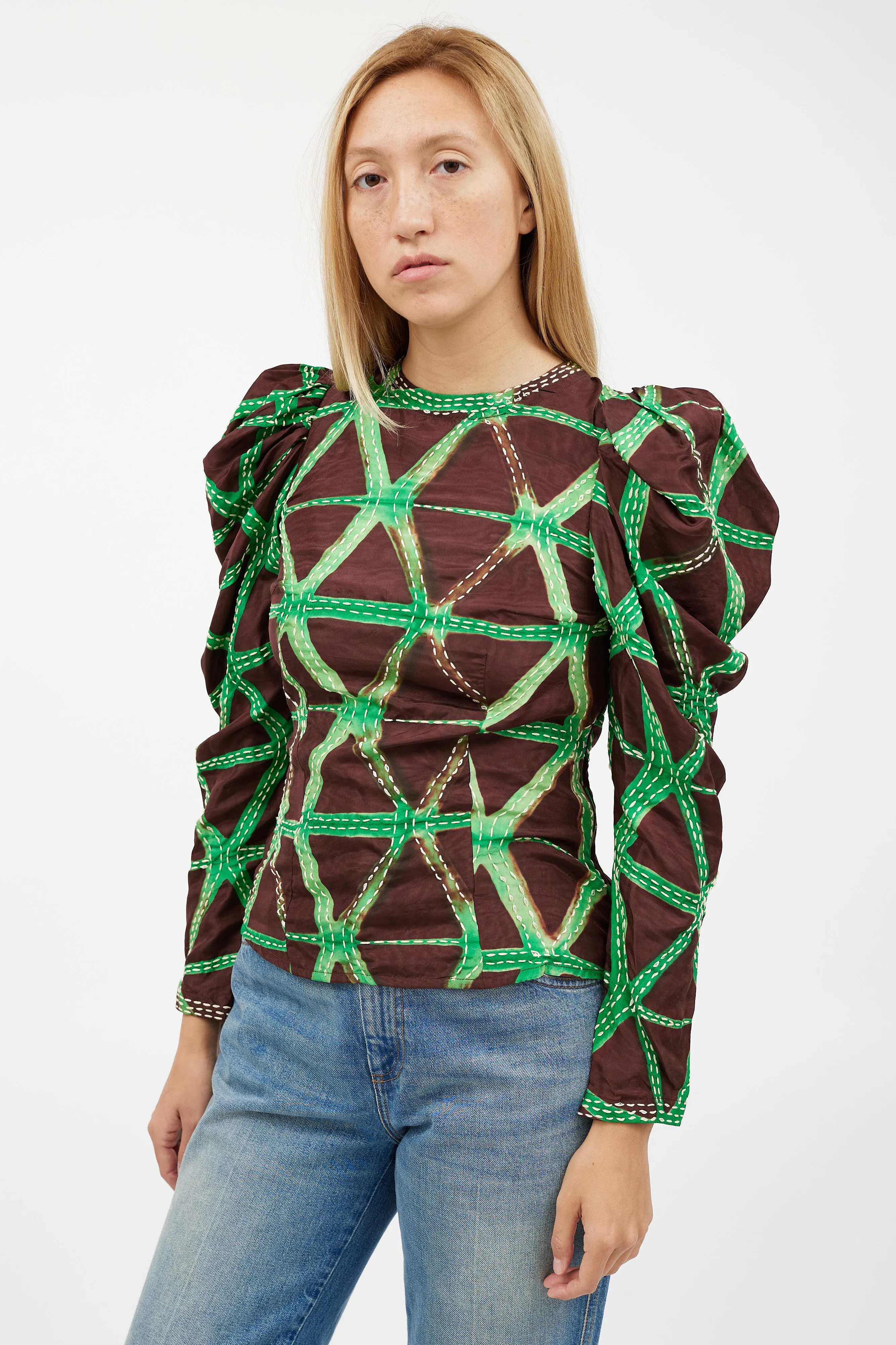 Brown & Green Stitch Top