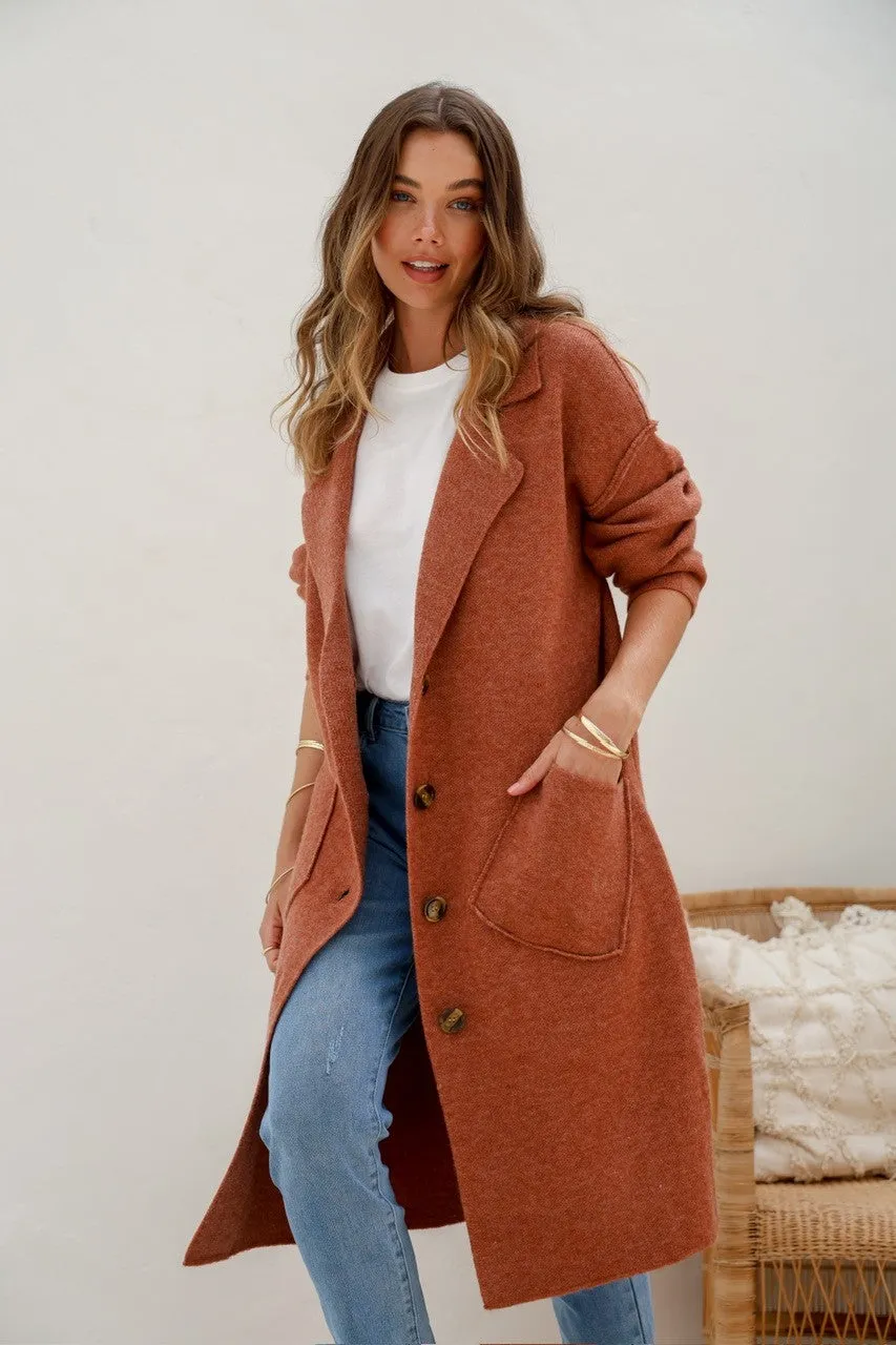 Button Up Coatigan - Soft Rust