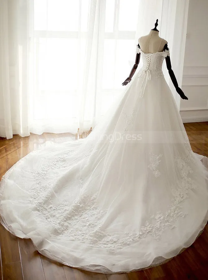 Classic Wedding Dresses with Train, Off the Shoulder Bridal Dress,Corset Wedding Dress,WD00310