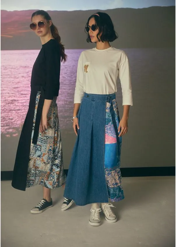 Denim Skirt with Side Satin Insert
