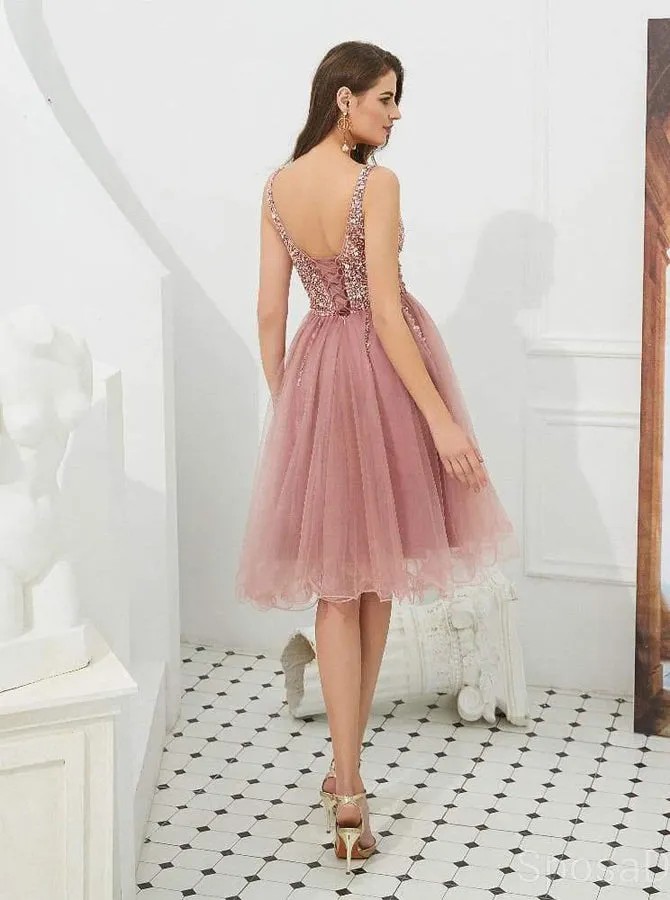 Dusty Pink Homecoming Dresses,Tulle Homecoming Dress,Knee Length Prom Dress,HC00038