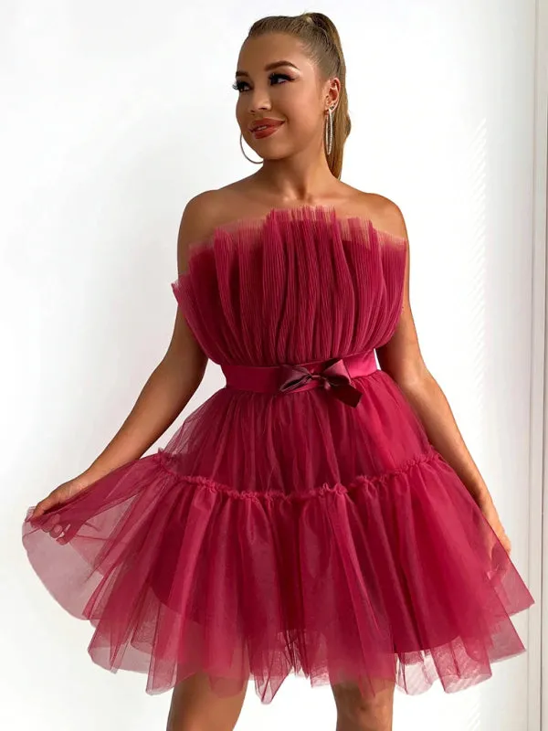Elegant Mesh Ruffle Tube Mini Dress