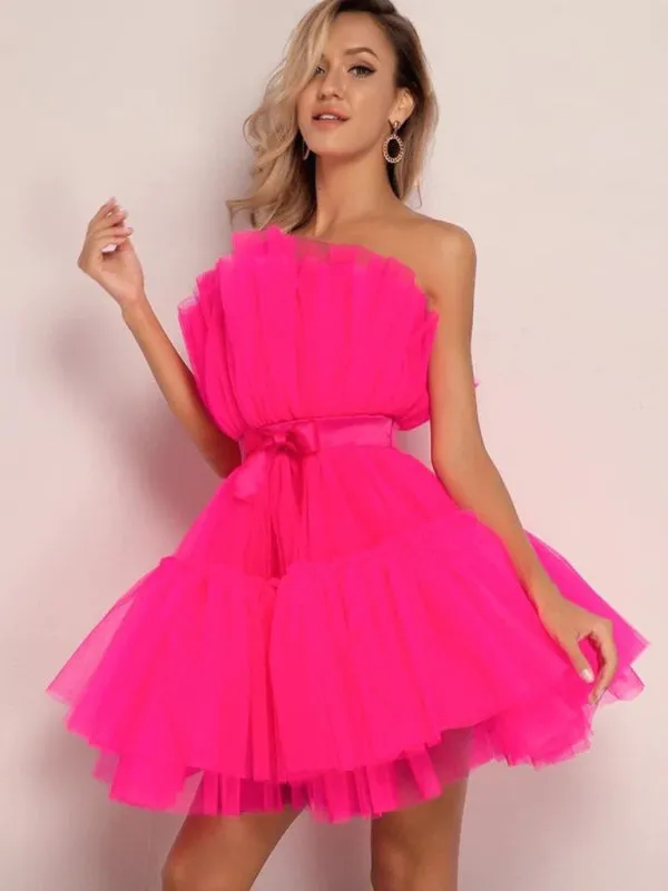 Elegant Mesh Ruffle Tube Mini Dress