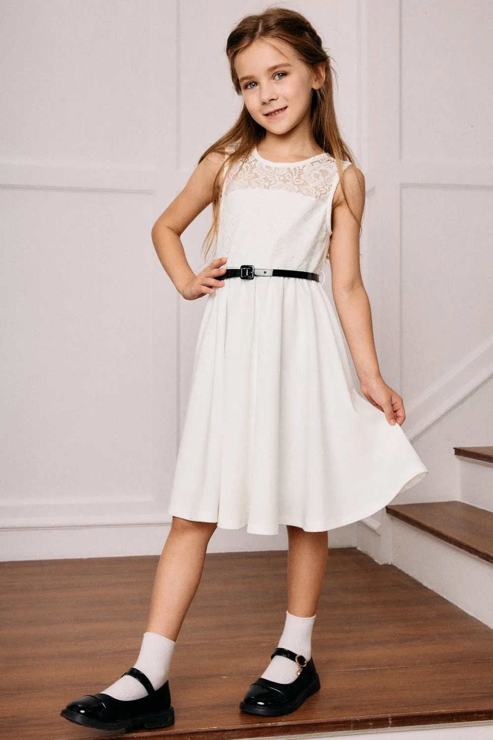 Kids Lace Patchwork Dress Sleeveless Crew Neck V-Back A-Line Dress