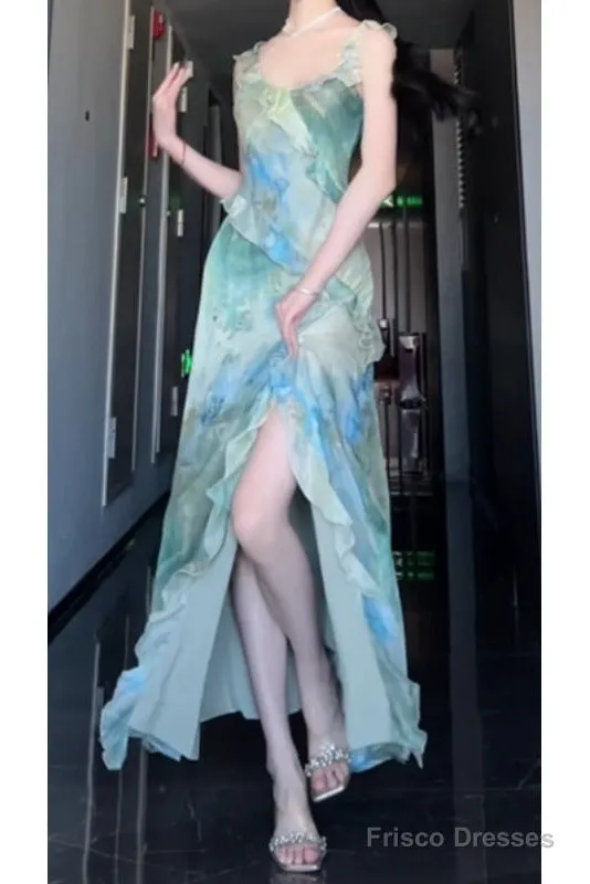 Sexy Sheath Straps Green Floral Beach Dress WomenS Vacation Dresses Birthday Dress
