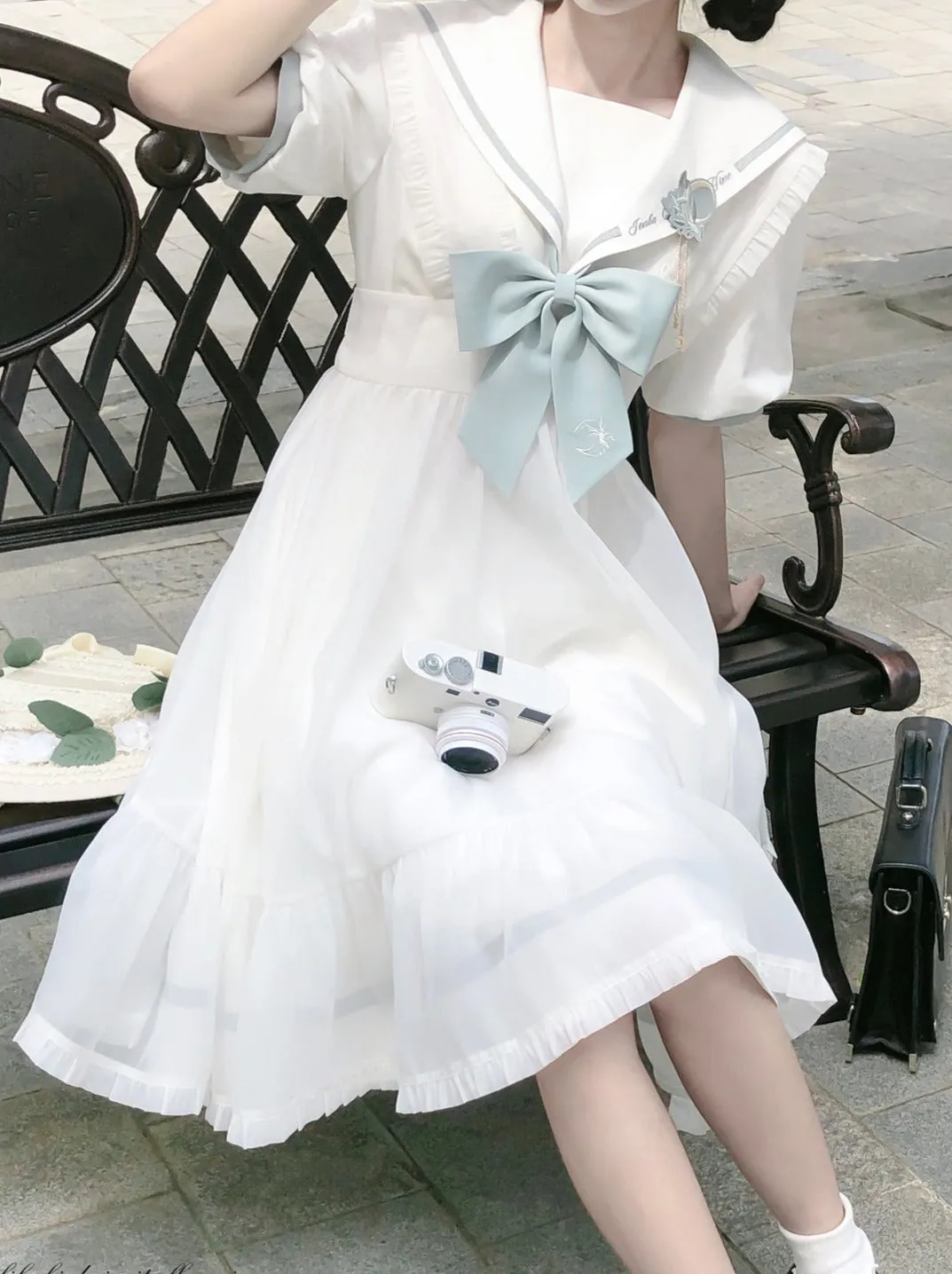 Tie Collar Puff   Sleeve Sailor Haori Tulle Dress Ribbon   Badge Overskirt