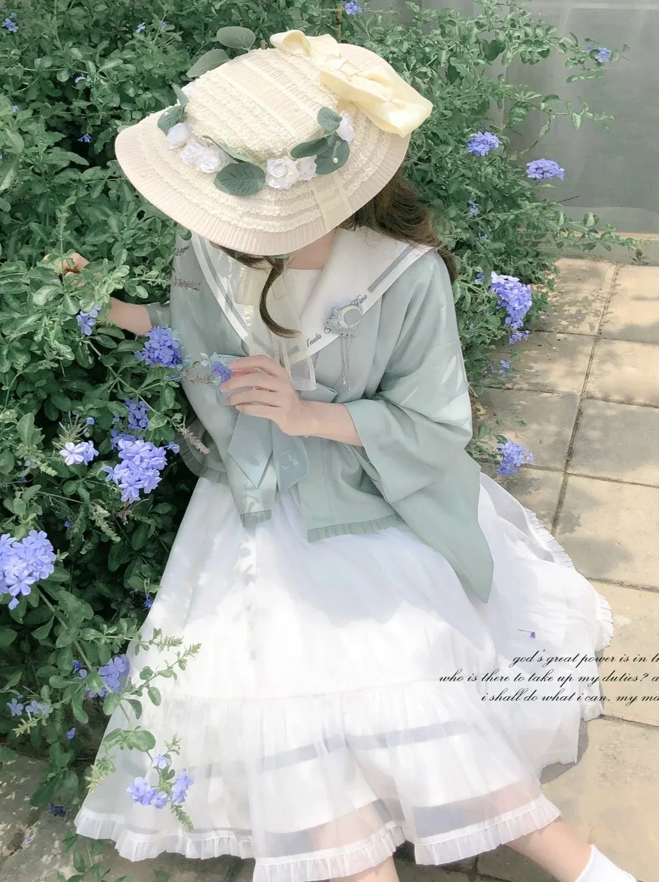 Tie Collar Puff   Sleeve Sailor Haori Tulle Dress Ribbon   Badge Overskirt