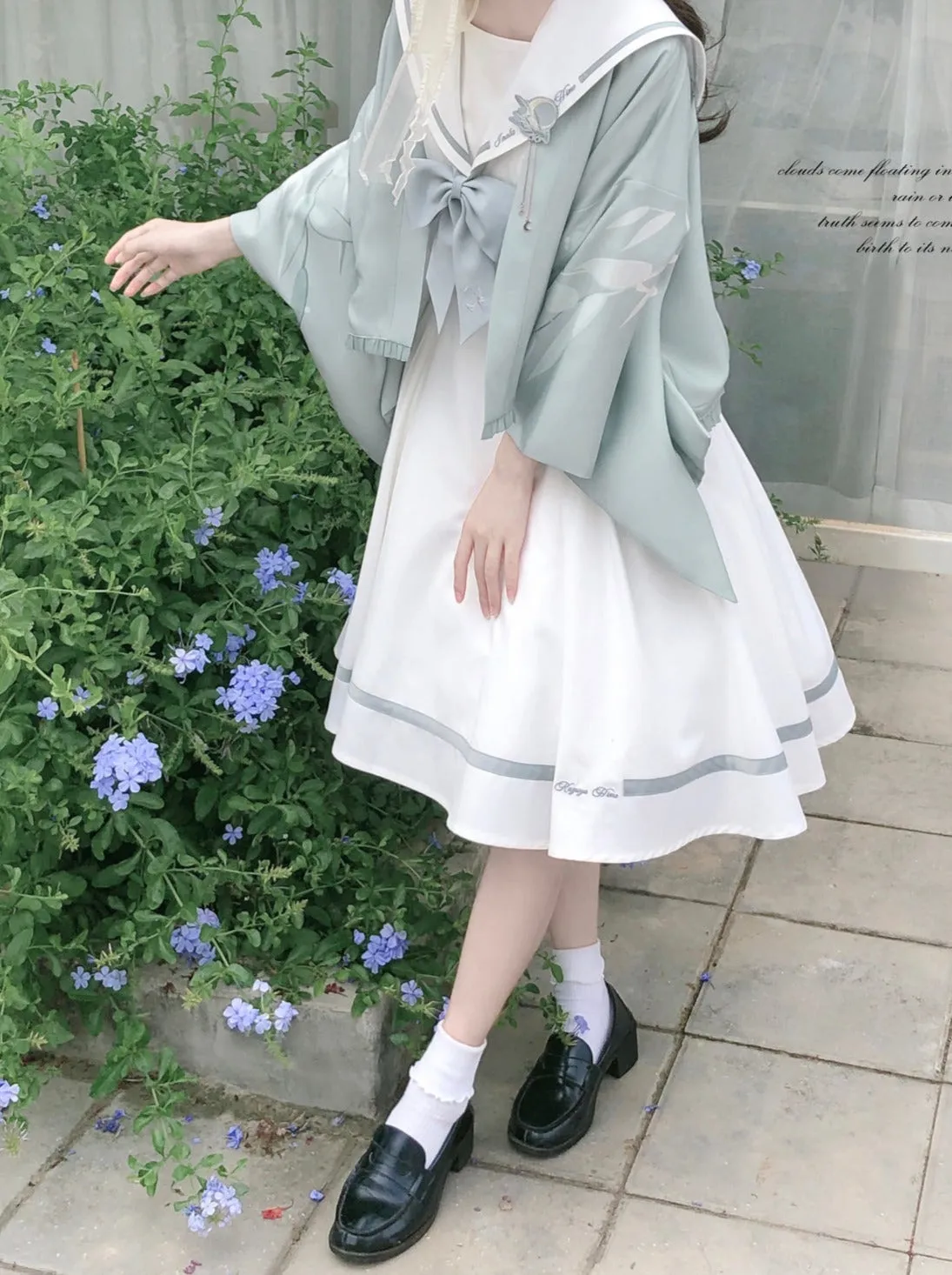 Tie Collar Puff   Sleeve Sailor Haori Tulle Dress Ribbon   Badge Overskirt