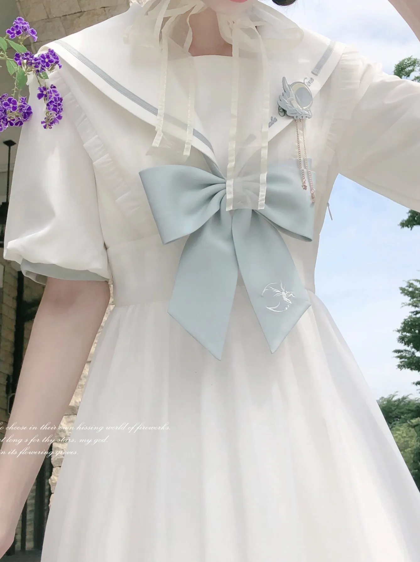 Tie Collar Puff   Sleeve Sailor Haori Tulle Dress Ribbon   Badge Overskirt
