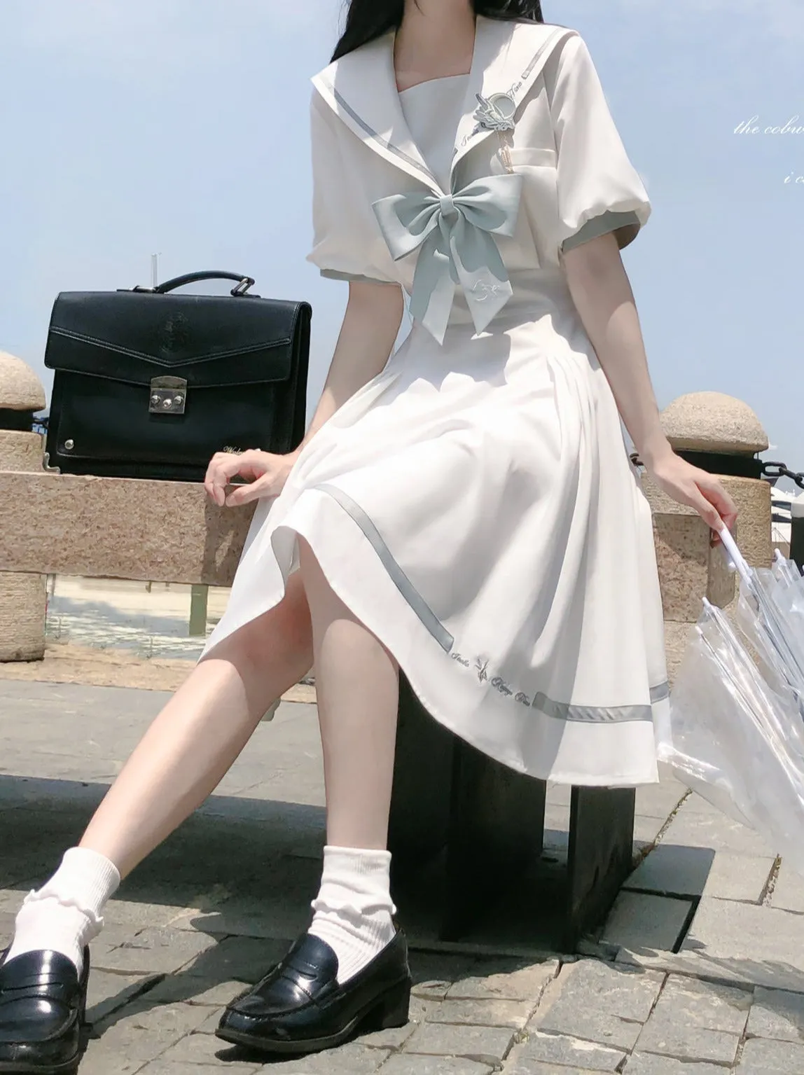 Tie Collar Puff   Sleeve Sailor Haori Tulle Dress Ribbon   Badge Overskirt