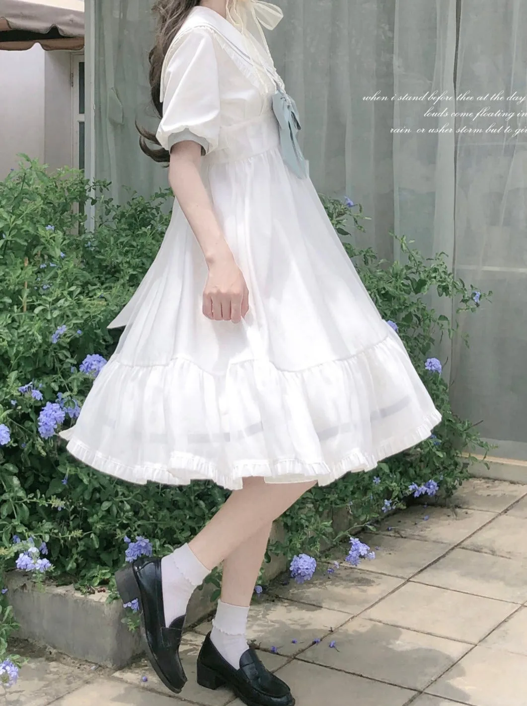 Tie Collar Puff   Sleeve Sailor Haori Tulle Dress Ribbon   Badge Overskirt