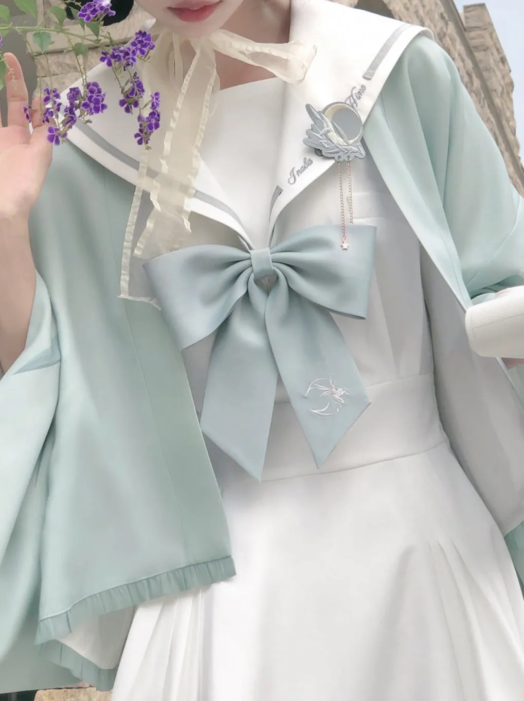Tie Collar Puff   Sleeve Sailor Haori Tulle Dress Ribbon   Badge Overskirt