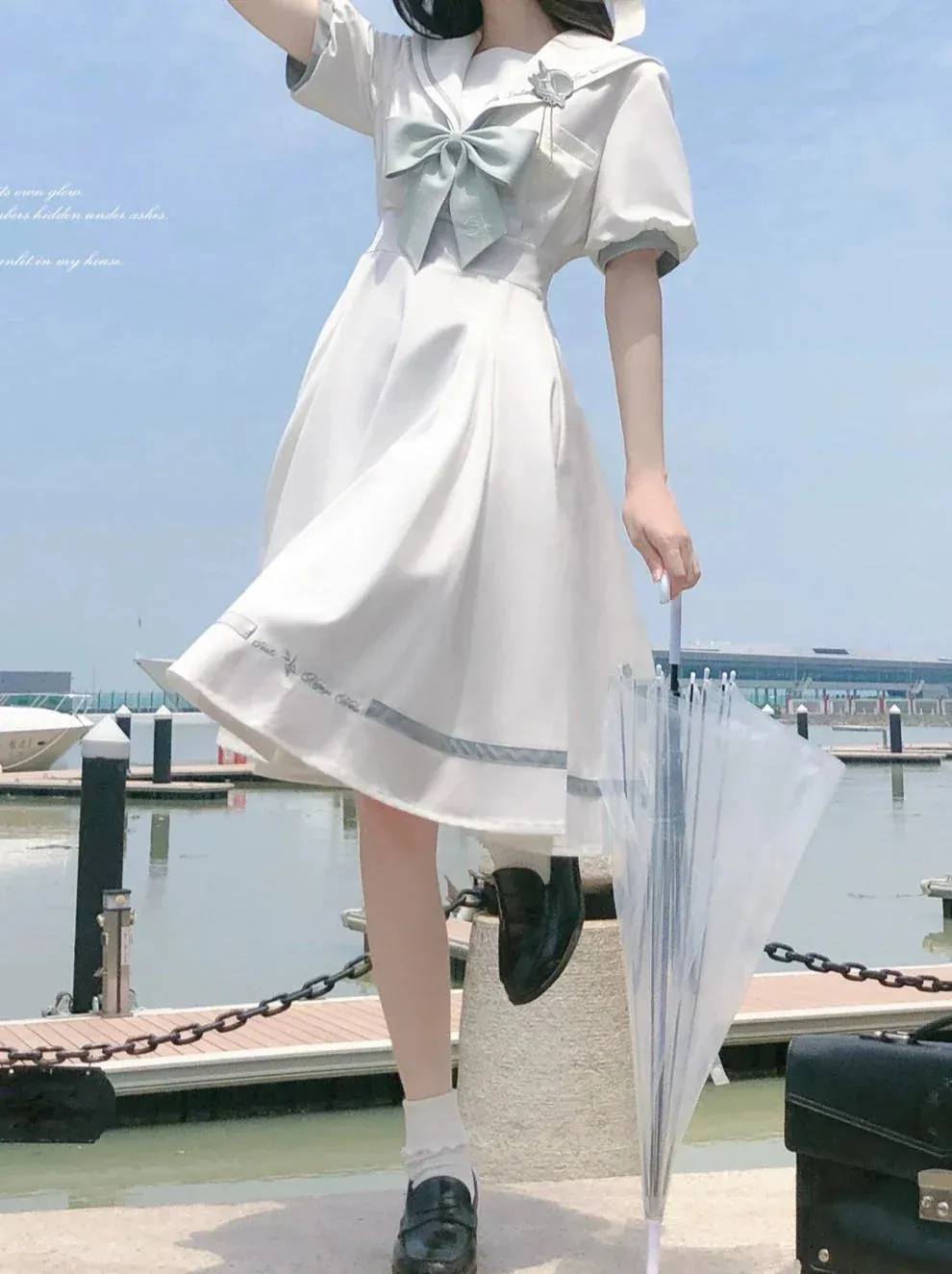 Tie Collar Puff   Sleeve Sailor Haori Tulle Dress Ribbon   Badge Overskirt