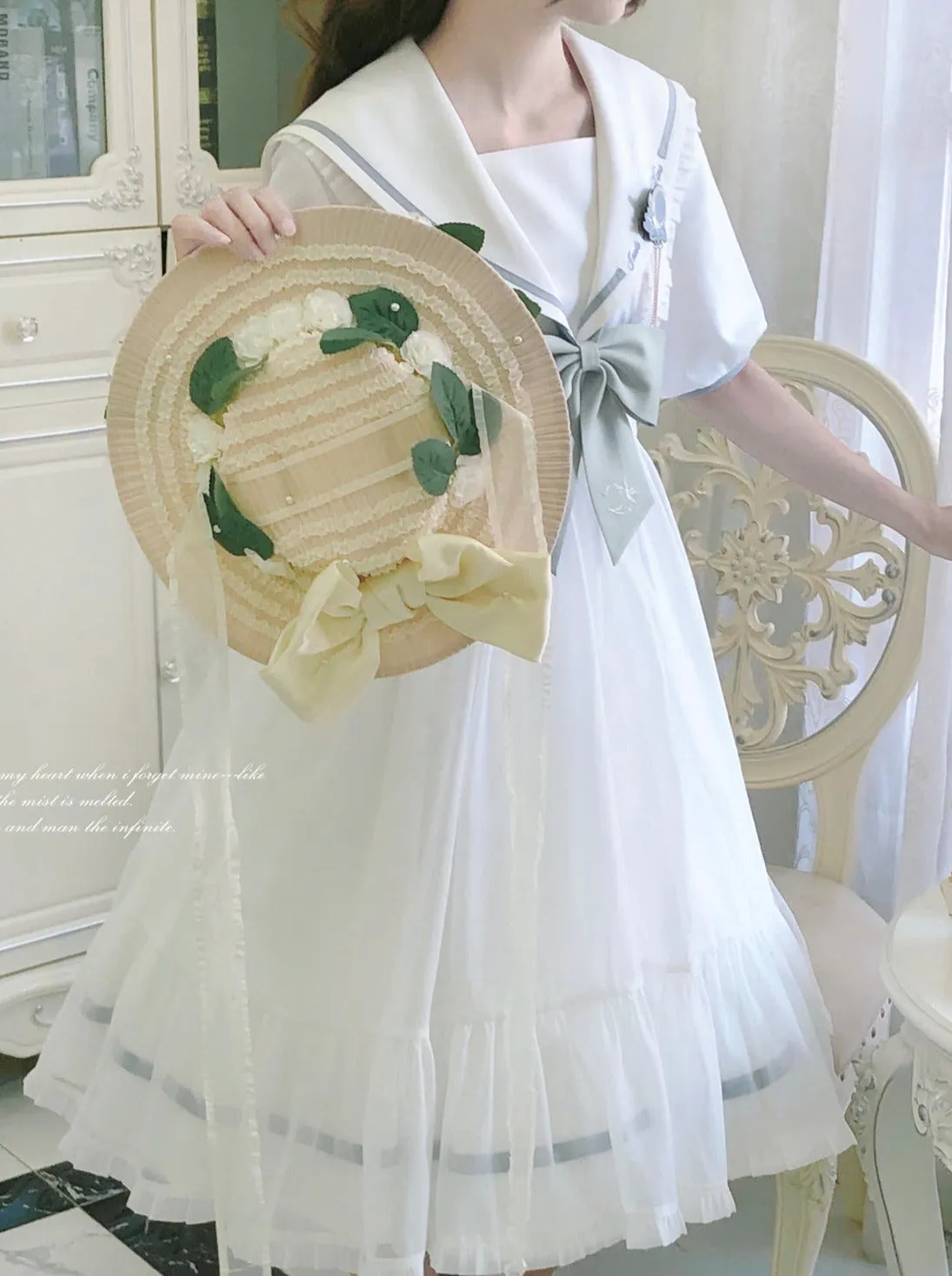 Tie Collar Puff   Sleeve Sailor Haori Tulle Dress Ribbon   Badge Overskirt