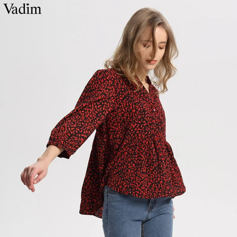 Vadim red V neck leopard print blouse animal pattern long sleeve pleated shirts female casual retro tops blusas mujer LA528