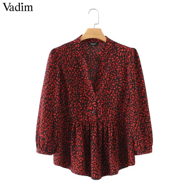 Vadim red V neck leopard print blouse animal pattern long sleeve pleated shirts female casual retro tops blusas mujer LA528
