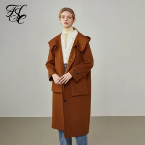 Women's winter hooded big pocket double-sided woolen coat women beige Straight single-breasted orange cashmere coats